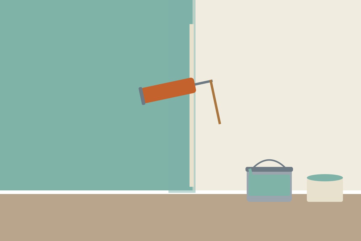 A paint roller and a half-painted wall