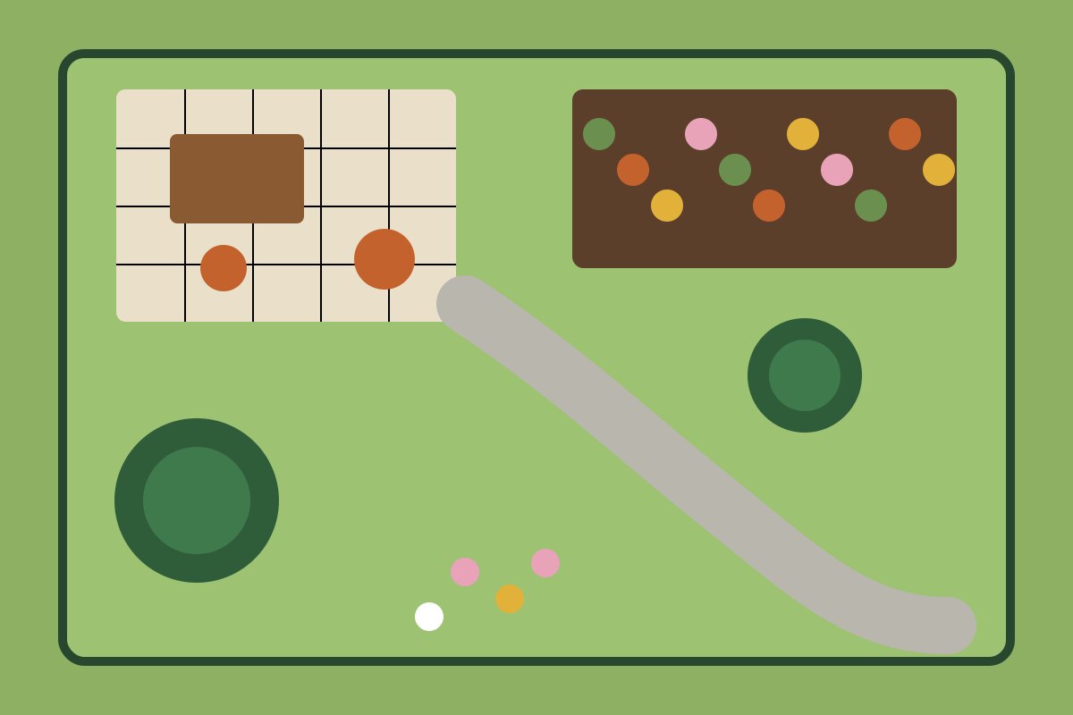 A plan view of a backyard with a patio, bed, path, and trees