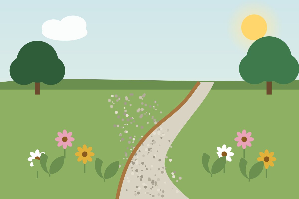 A winding gravel path through a garden with flowers