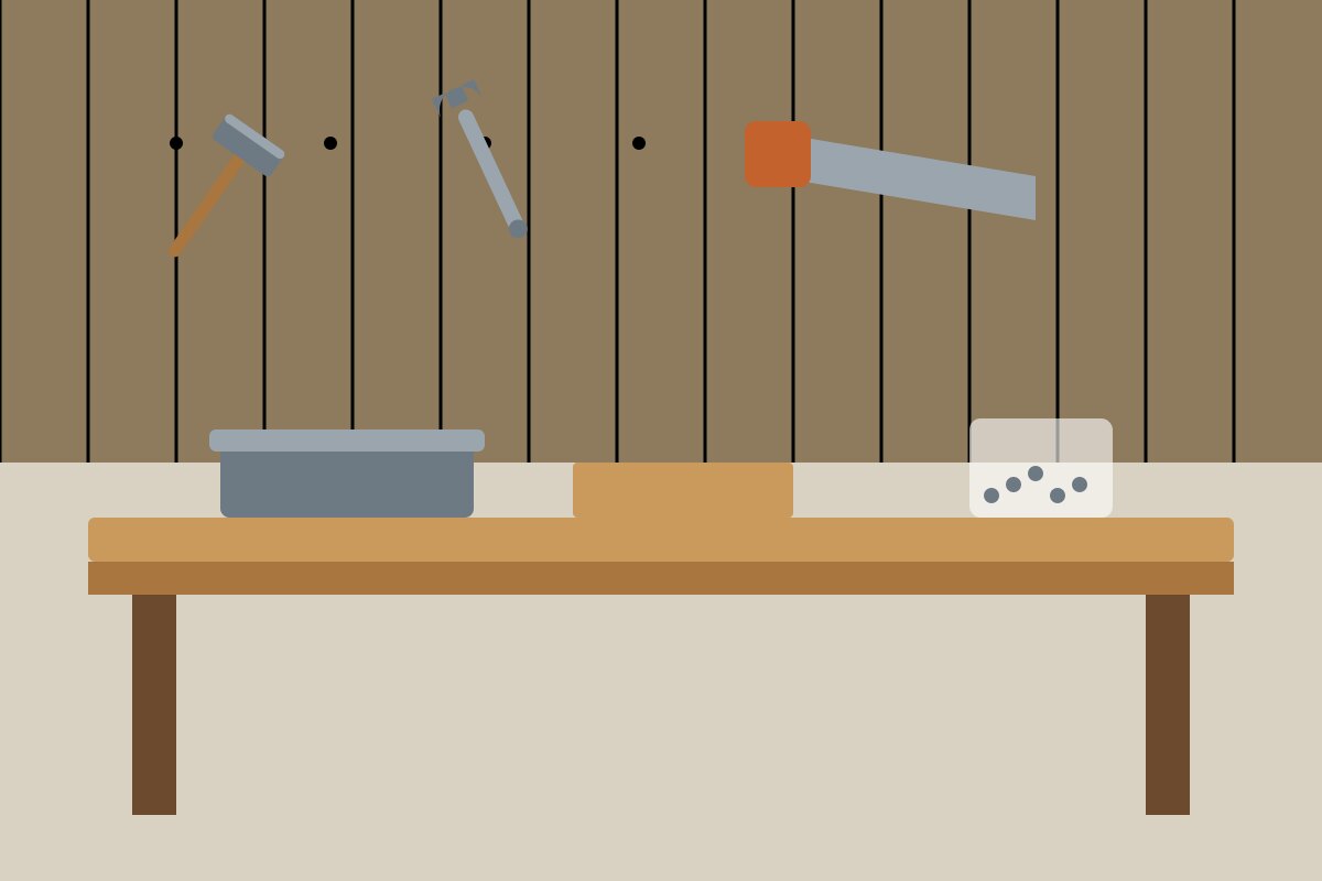 A sturdy wooden workbench with tools on a pegboard