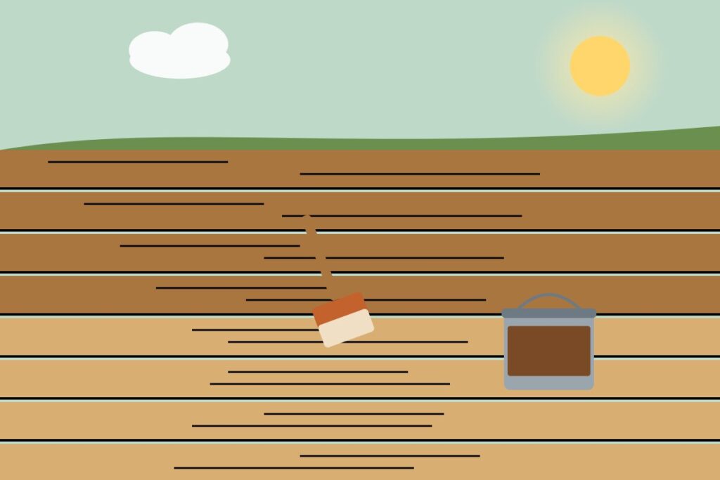 A wooden deck half stained with a brush and a can