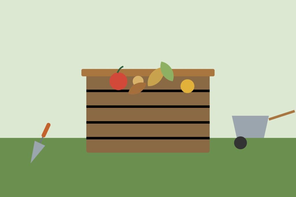 A wooden compost bin filled with fruit scraps and leaves